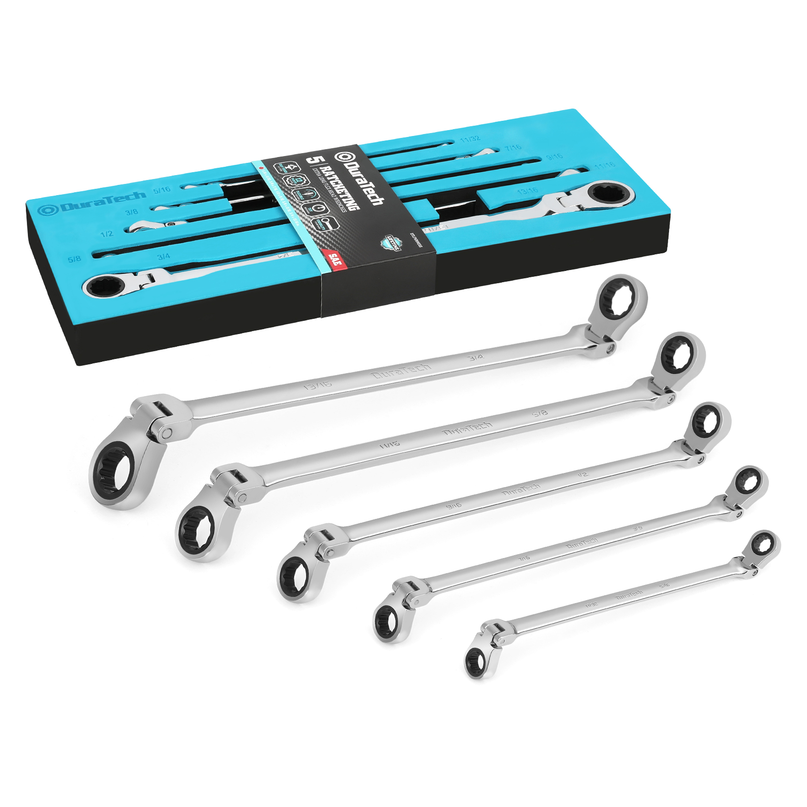 Extra Long Flex-Head Double Box End Ratcheting Wrench Set, SAE